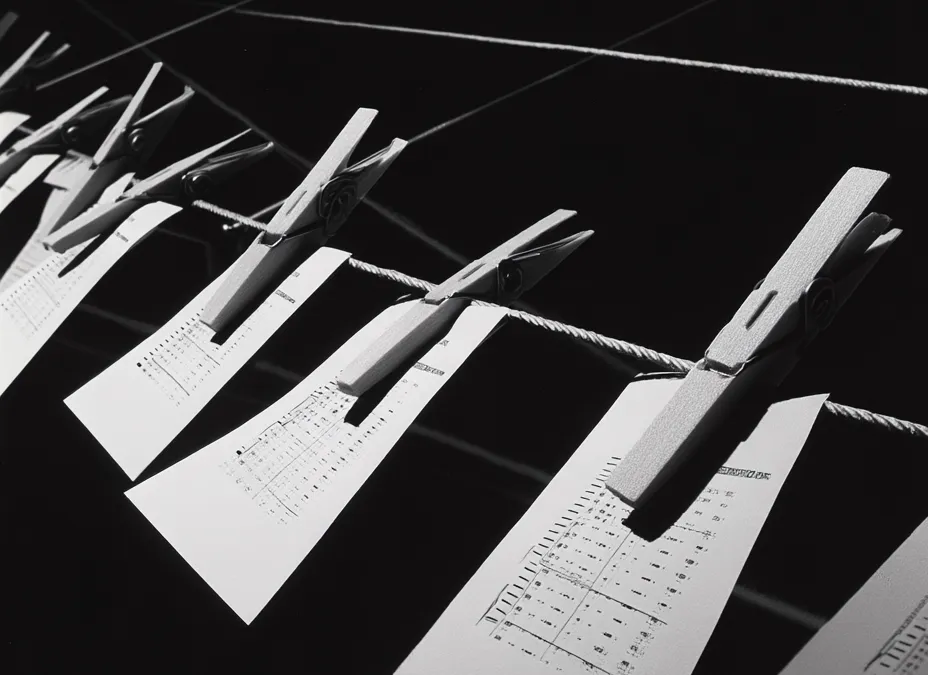 Completed Scantron test sheets pinned to crossing clotheslines, like records hung on the line