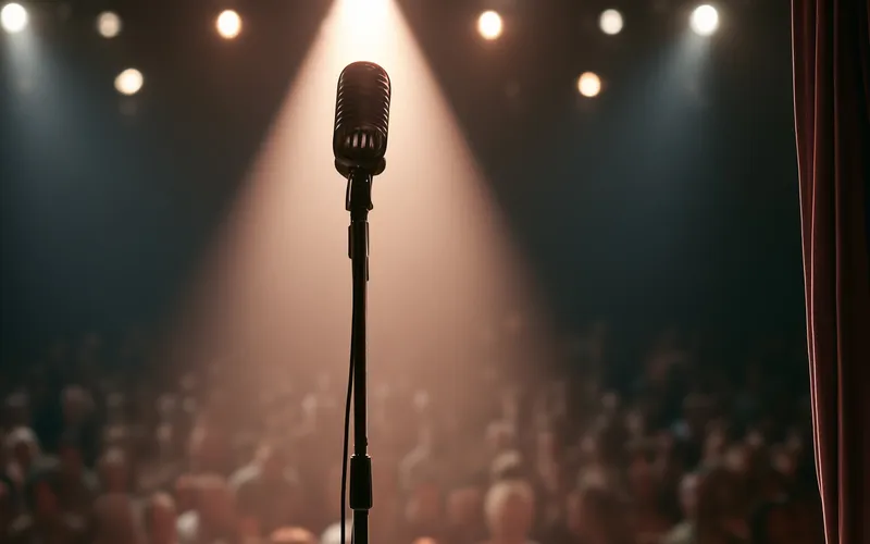 A lone vintage microphone lit on an empty stage, the curtain pulled back on a quiet audience