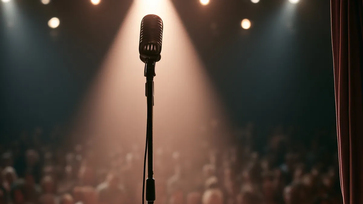 A lone vintage microphone lit on an empty stage, the curtain pulled back on a quiet audience