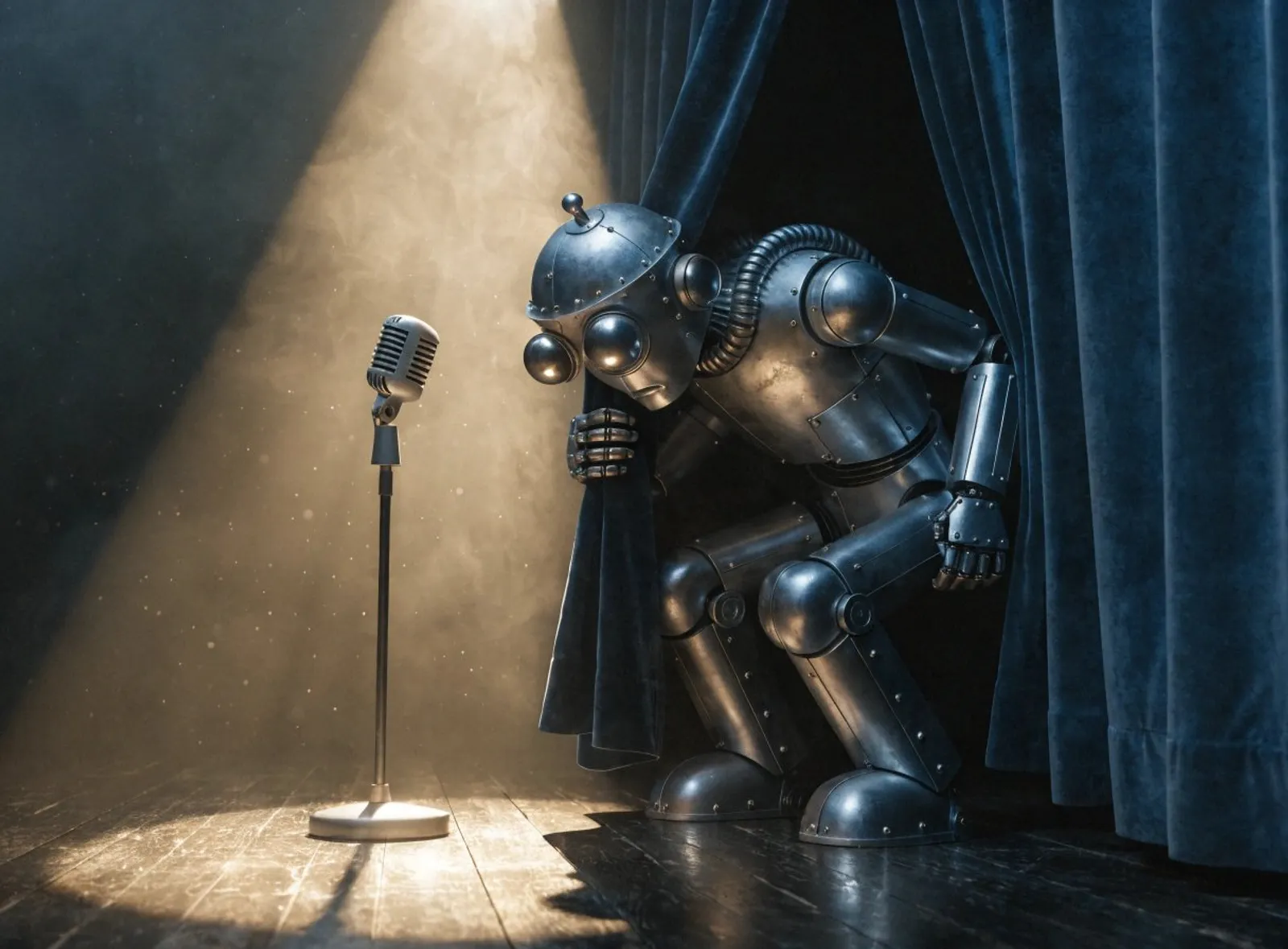 A shy robot peering out from behind a stage curtain toward a microphone under a spotlight