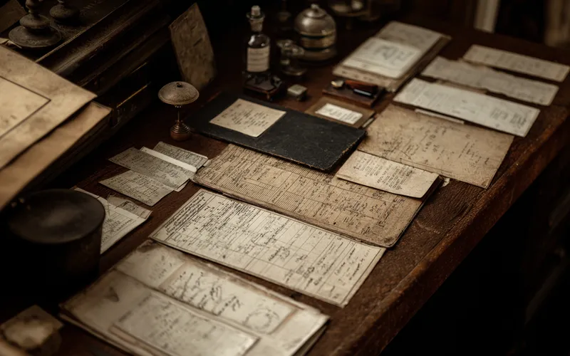 Antique desk covered in grade sheets, ledgers, and assessment documents under warm chiaroscuro lighting