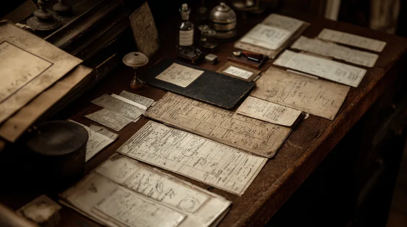 Antique desk covered in grade sheets, ledgers, and assessment documents under warm chiaroscuro lighting